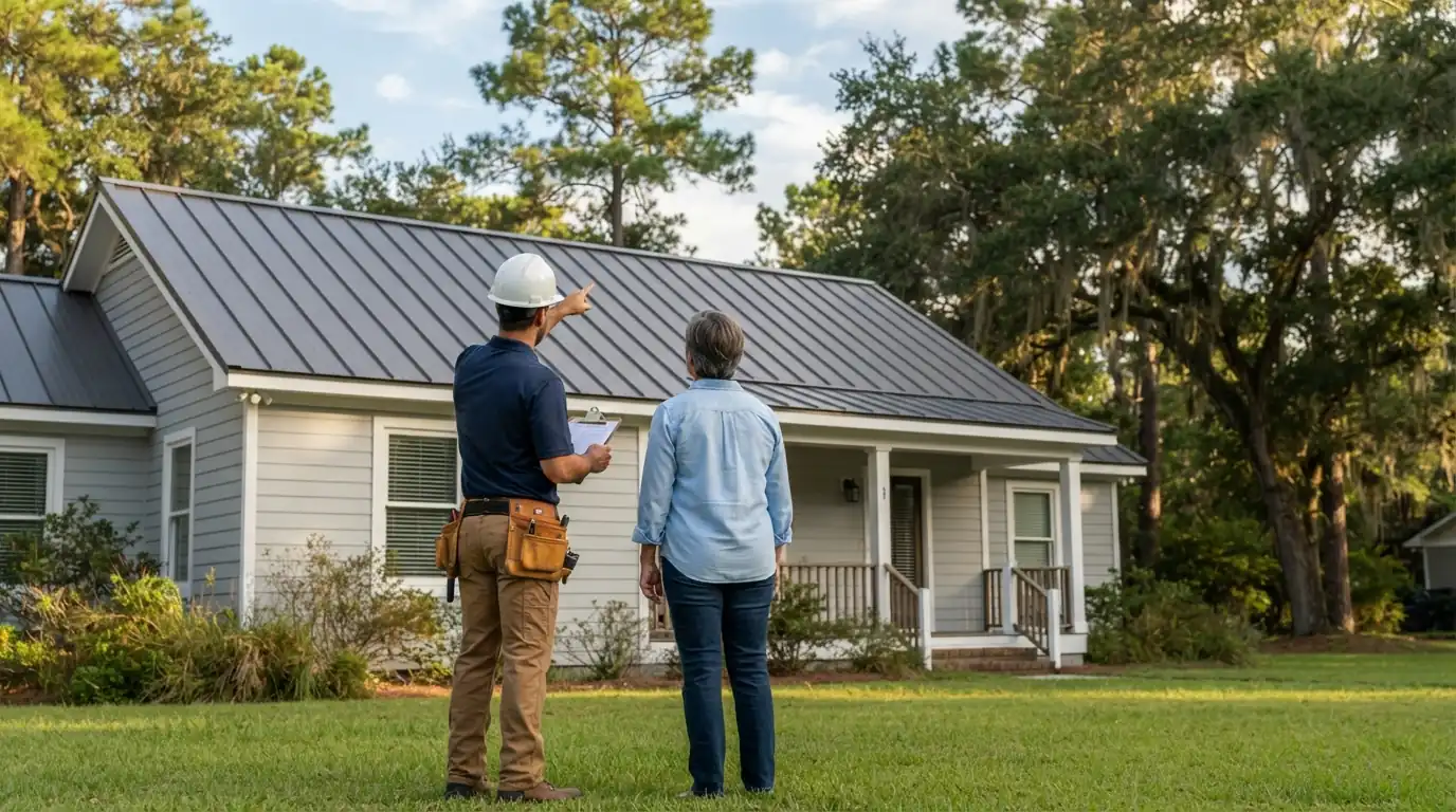 Contact Us 1 Roofer with a clipboard showing a homeowner their standing-seam metal roof in Washington, NC