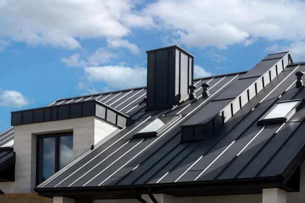 Charcoal standing-seam metal roof with flashed chimney, skylights, and vents in Washington, NC
